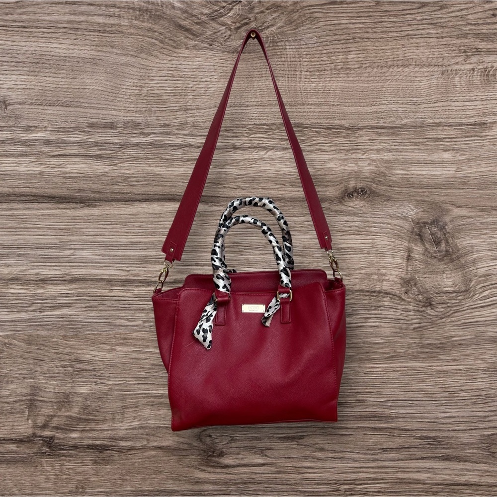 BCBG Paris Satchel Handbag with scarf wrapped strap handles.
